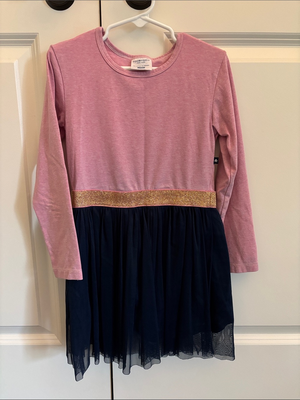 Toobydoo Pink Top with Navy Tulle Skirt and Gold Waistband